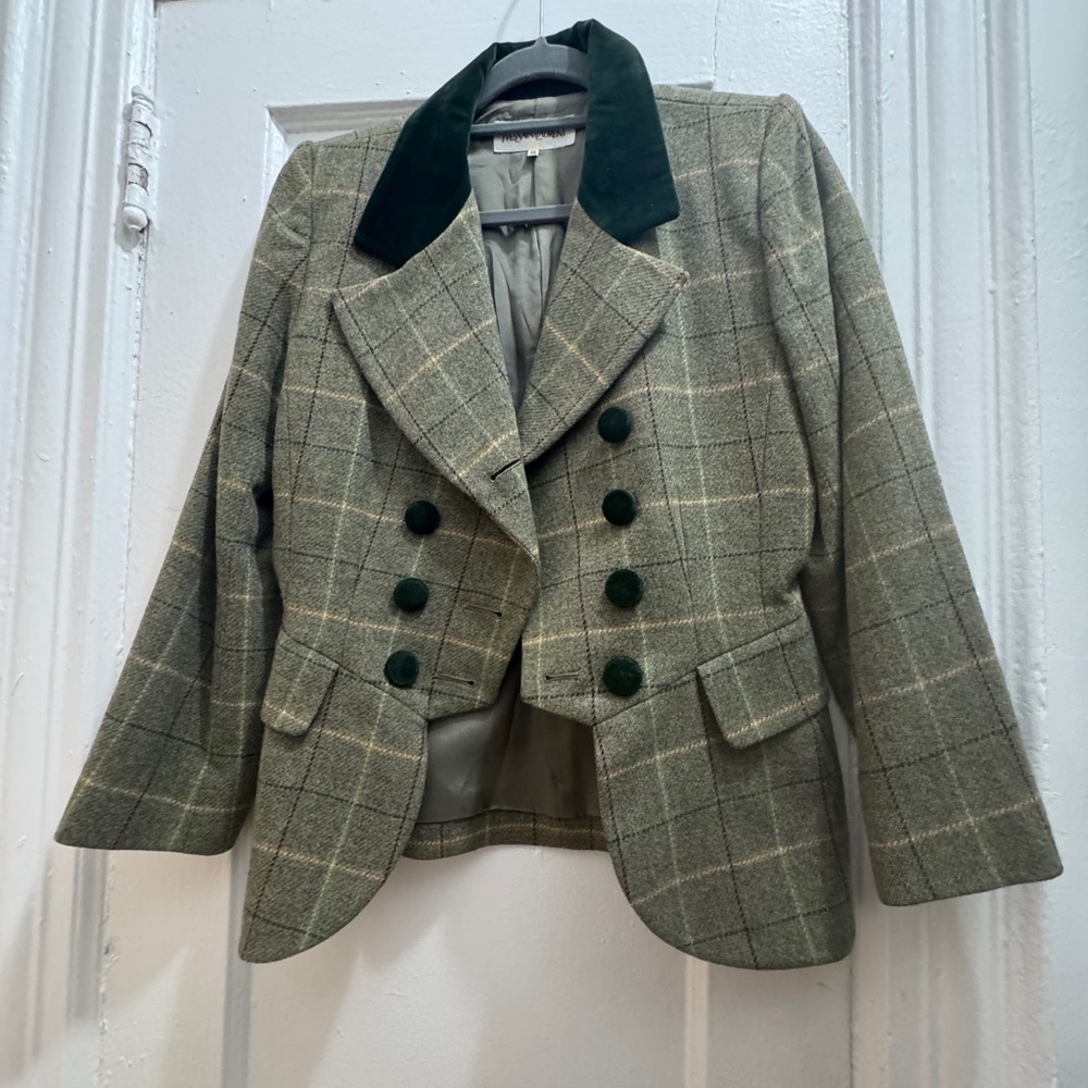 Yves Saint Laurent Checkered Blazer with Dark Velvet Trim